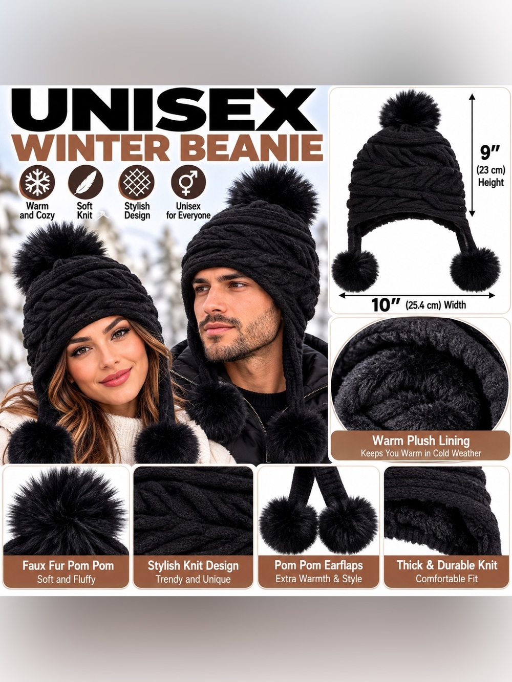 Unisex Black Faux-Fur Pom Pom Earflap Beanie